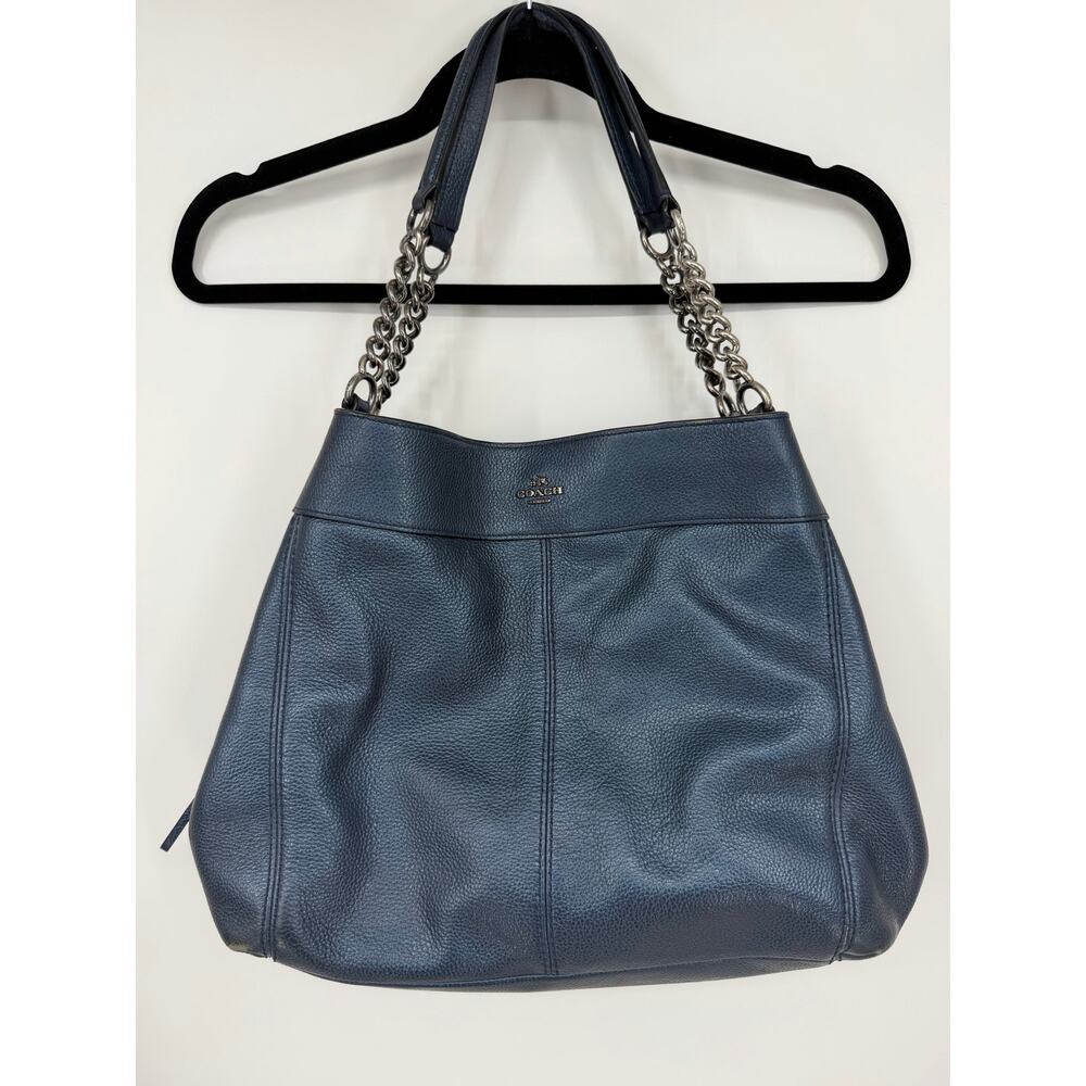 Coach F22209 Lexi Chain Shoulder Bag Metallic Navy Blue Leather Purse Handbag - Picture 2 of 16